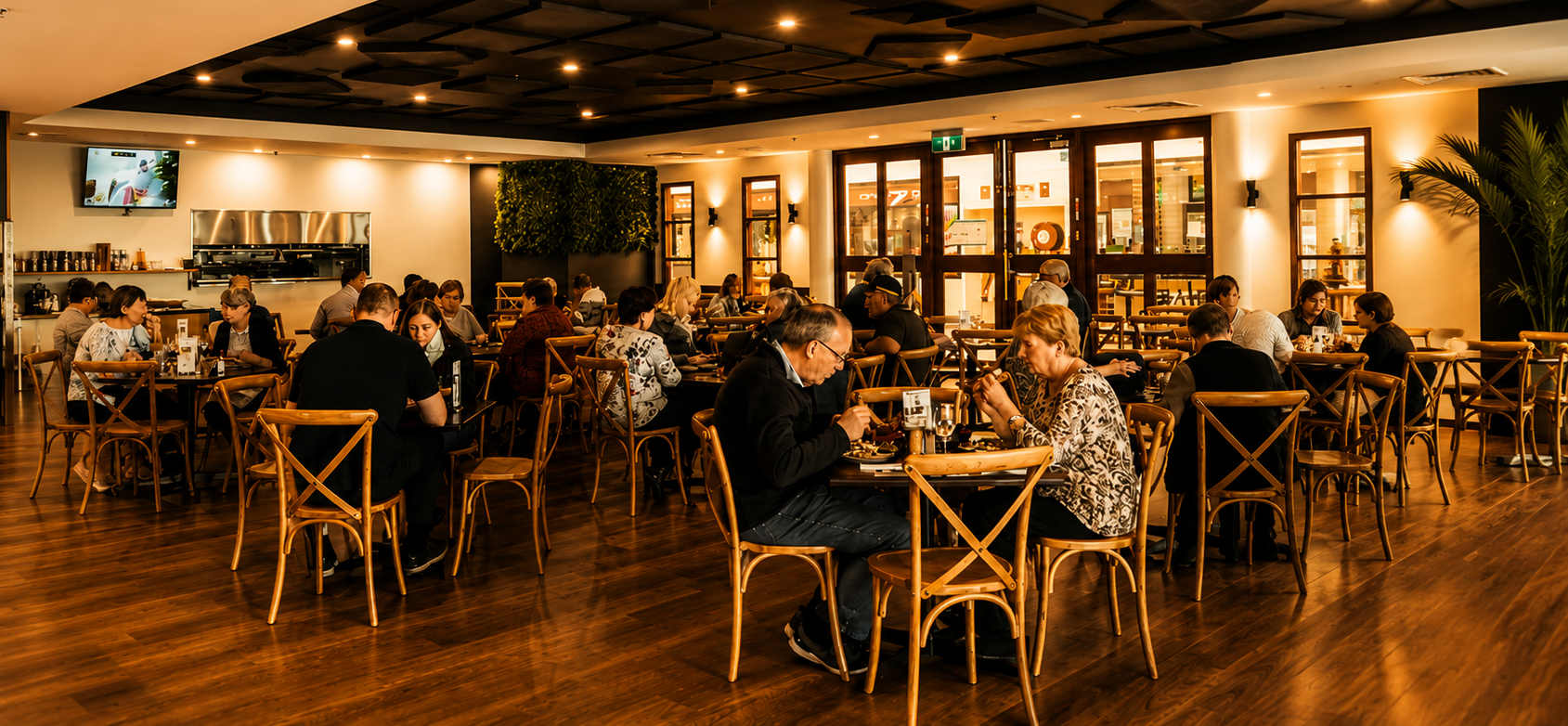Warm, low-lit Italian restaurant interior with timber tables and pendant lighting
