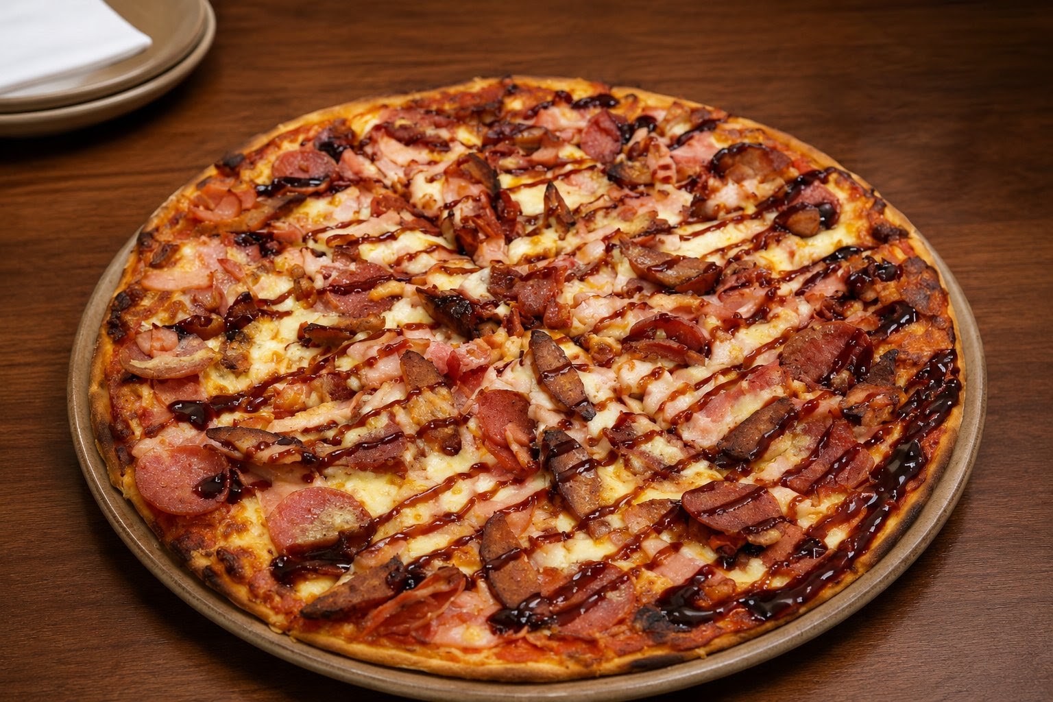 Award-winning meatlovers pizza with BBQ swirl