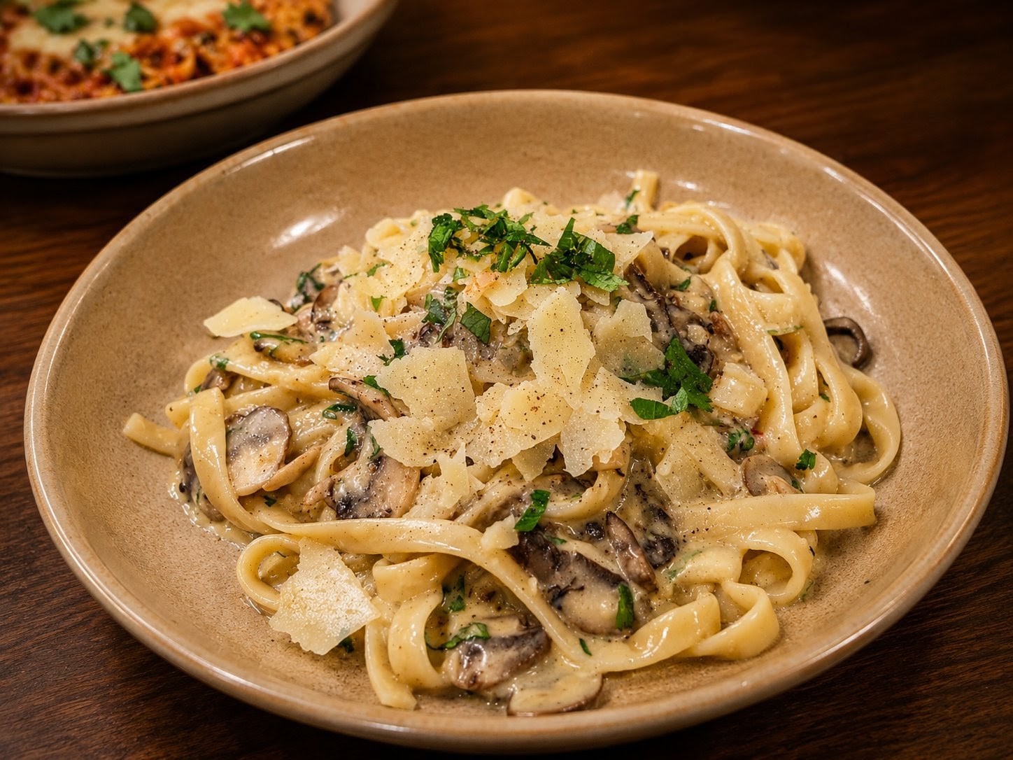 Fettuccine funghi with mushrooms and parmesan